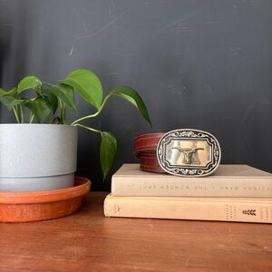 Vintage Longhorn brass belt buckle with leather belt 40”